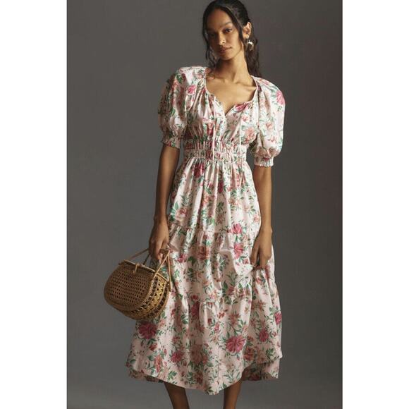Anthropologie Somerset Puff Sleeve Dress Size Medium Floral Flowers - Picture 1 of 7